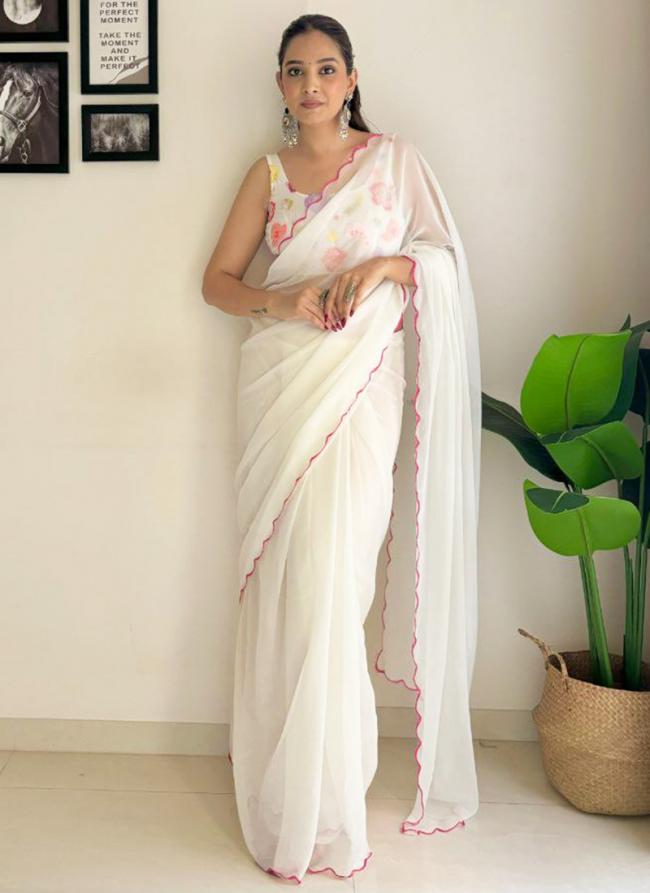 Georgette White Casual Wear Embroidery Work Saree